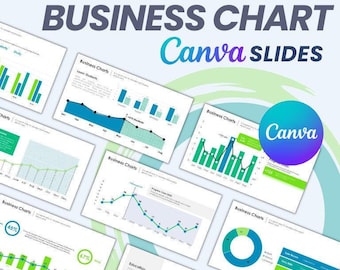 May include: A collection of Canva slides featuring various business charts with green and blue color schemes. The charts include bar graphs, line graphs, pie charts, and donut charts. The slides are titled "Business Charts" and "Canva Slides".