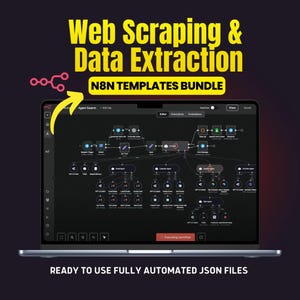 Op de afbeelding: Een laptop toont een data-extractie workflow diagram. Het scherm toont een complex netwerk van onderling verbonden knooppunten en lijnen. Tekst bovenaan luidt "Web Scraping & Data Extraction" en "N8N TEMPLATES BUNDLE". De tekst onderaan zegt "READY TO USE FULLY AUTOMATED JSON FILES".