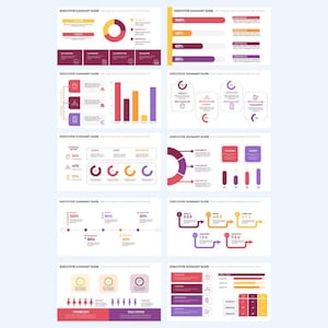 May include: A set of 8 slides with various charts and graphs. The charts are in a variety of colors, including red, orange, yellow, purple, and blue. The charts are used to present data in a visual way. The slides are titled "Executive Summary Slide".
