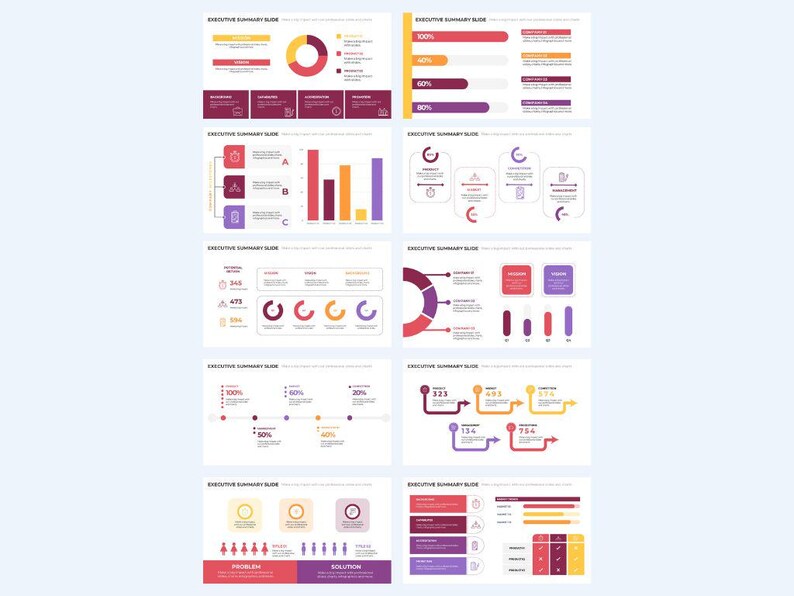 May include: A set of 8 slides with various charts and graphs. The charts are in a variety of colors, including red, orange, yellow, purple, and blue. The charts are used to present data in a visual way. The slides are titled "Executive Summary Slide".