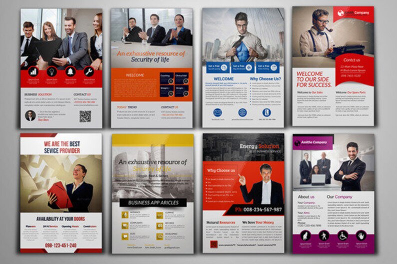 May include: A collection of eight business flyers with different designs and layouts. Each flyer features a professional image and text highlighting the company's services and contact information.
