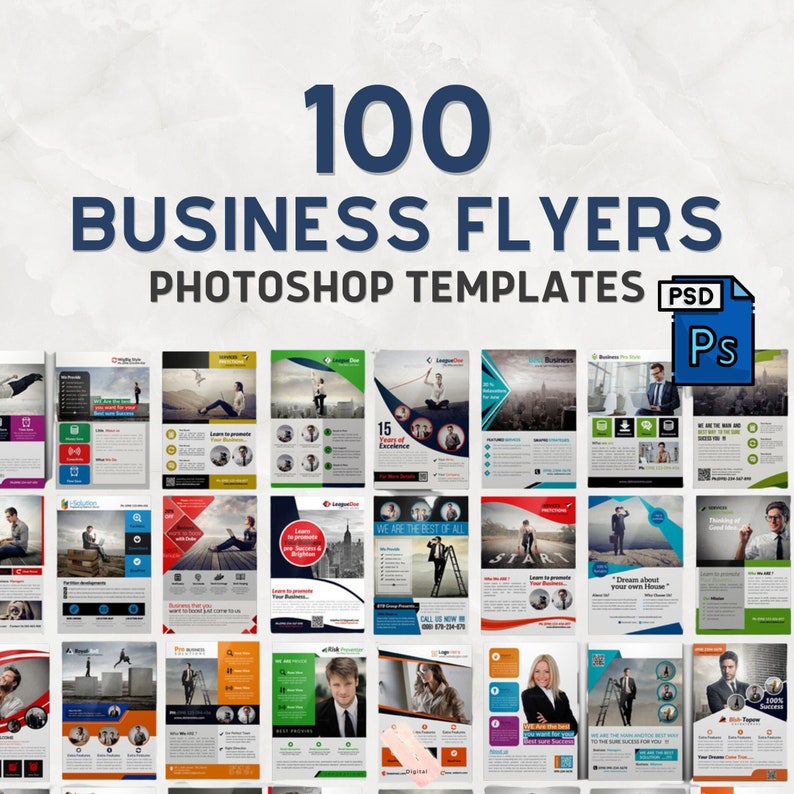 May include: A collection of 100 business flyer templates in Photoshop PSD format. The flyers feature a variety of designs, colors, and layouts, including images of people, buildings, and abstract shapes. The text "100 Business Flyers Photoshop Templates PSD Ps" is displayed at the top of the image.