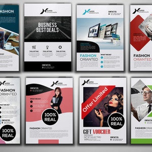 May include: Eight different flyer designs with a black and white X logo. The flyers advertise a business with the tagline "Super Business Deals". Some flyers feature the text "Fashion Oriented" and "100% Real".