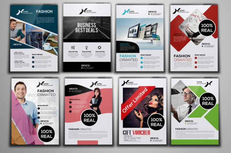 May include: Eight different flyer designs with a black and white X logo. The flyers advertise a business with the tagline "Super Business Deals". Some flyers feature the text "Fashion Oriented" and "100% Real".
