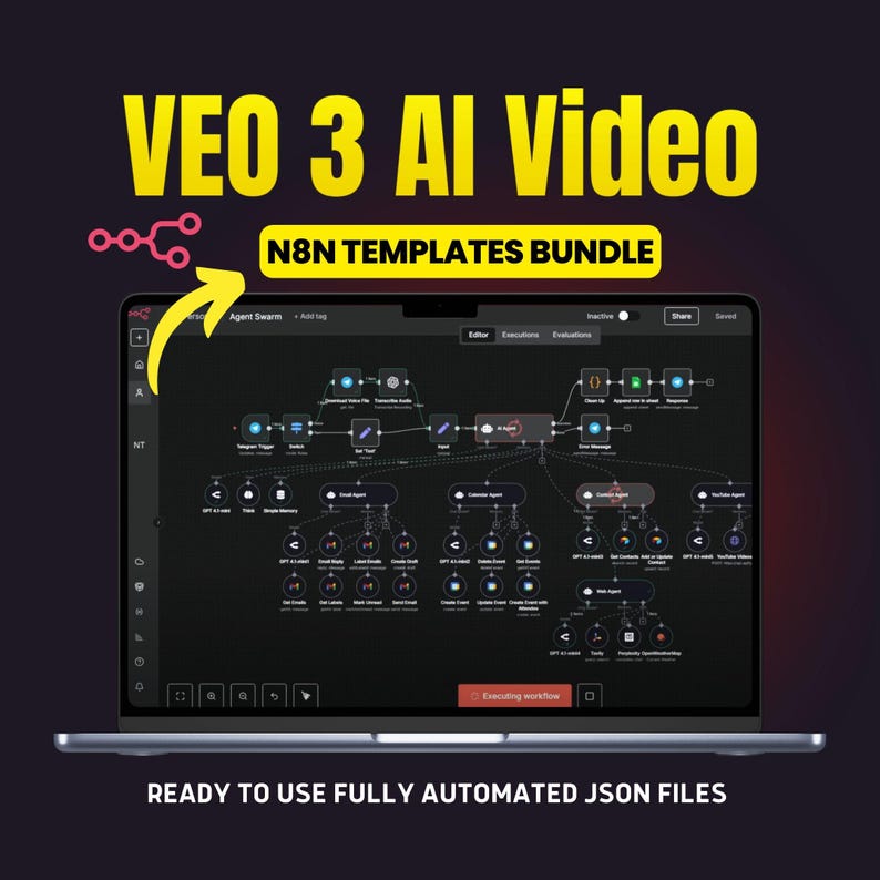 以下が含まれることがあります： 「VEO 3 AI Video」と「N8N TEMPLATES BUNDLE」の黄色い文字が表示された、複雑なワークフロー図を示すラップトップ。画面には相互接続されたノードと線のネットワークが表示され、下部には「READY TO USE FULLY AUTOMATED JSON FILES」という文字があります。