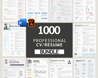 May include: A collage of 10 different resume templates in a white, gray, and black color scheme. The text "1000 Professional CV/Resume Bundle" is in the center of the image.