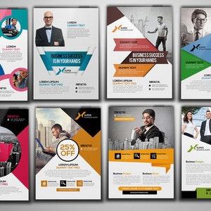 May include: Six different business flyer templates with colorful geometric designs and text that says "Business Success is in Your Hands" and "25% Off".