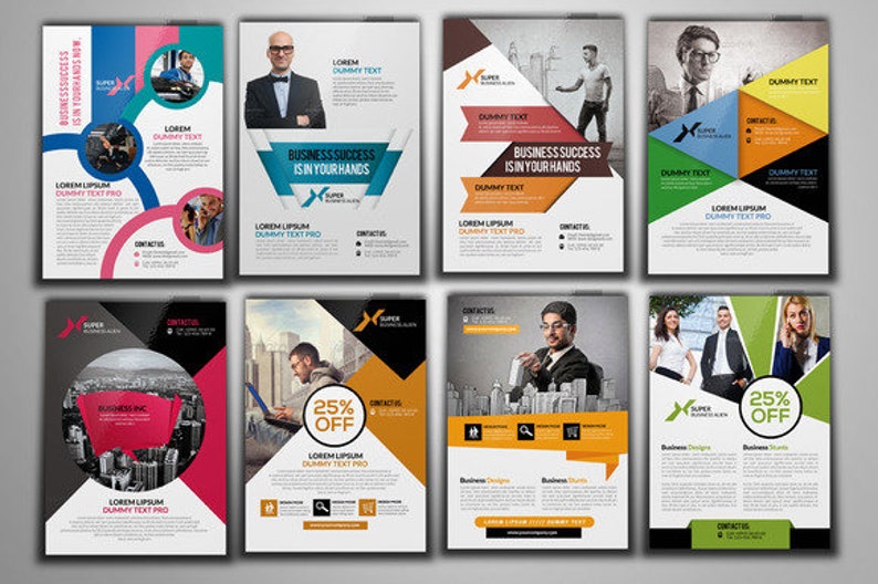 May include: Six different business flyer templates with colorful geometric designs and text that says "Business Success is in Your Hands" and "25% Off".