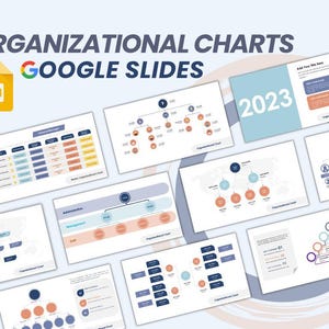 May include: A collection of Google Slides templates for creating organizational charts. The templates feature various styles, including tree diagrams, hierarchical charts, and matrix charts. The slides are designed with a modern and professional aesthetic, using a color palette of blue, orange, and white.
