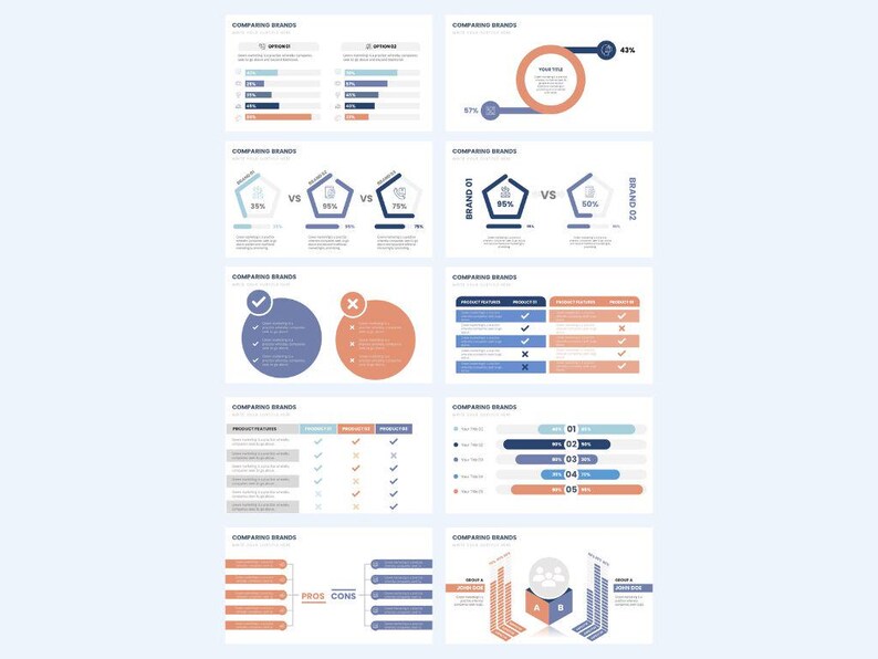 May include: A set of nine slides comparing different brands. The slides use a variety of charts, graphs, and tables to illustrate the strengths and weaknesses of each brand. The slides are designed to help businesses make informed decisions about which brands to partner with.