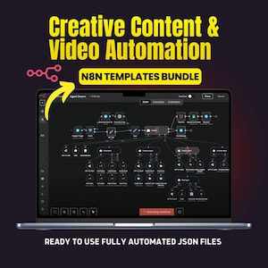 Pode incluir: Um ecrã de laptop mostra um diagrama de fluxo de trabalho com o texto "Creative Content & Video Automation" e "N8N TEMPLATES BUNDLE." A parte inferior do ecrã diz "READY TO USE FULLY AUTOMATED JSON FILES."