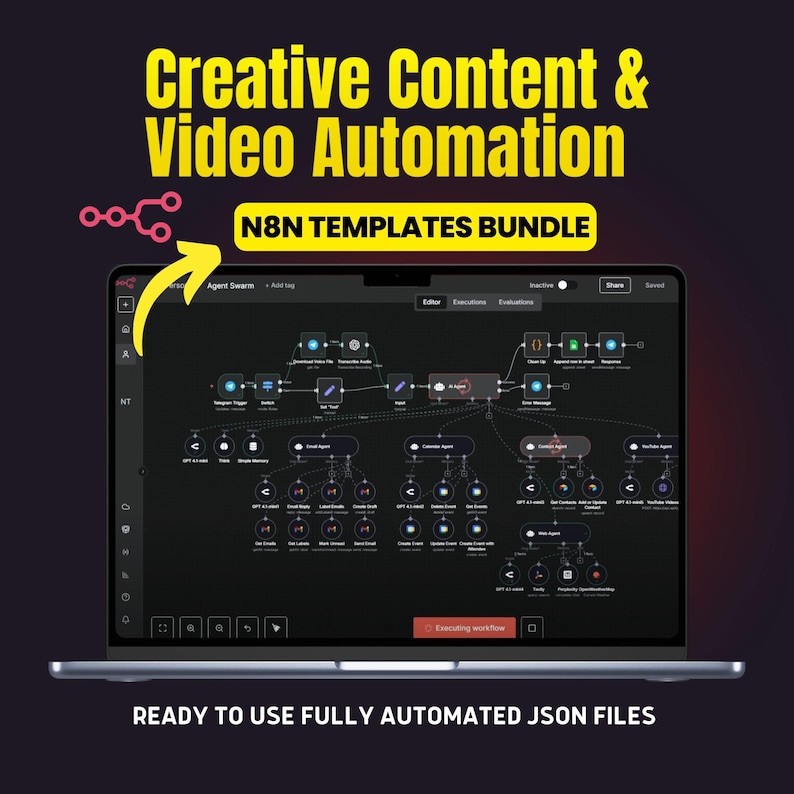 May include: A laptop screen displays a workflow diagram with the text "Creative Content & Video Automation" and "N8N Templates Bundle." The bottom of the screen reads "READY TO USE FULLY AUTOMATED JSON FILES."