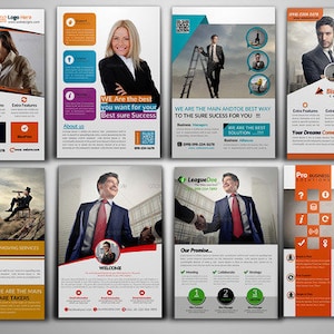 May include: A collection of eight business flyer templates with different designs and color schemes. Each flyer features a professional-looking person in a business setting. The flyers include text such as "We are the best you want for your best sure success", "We are the main and toe best way to the sure success for you", "Your dreams come true", "We provide moving services", "Welcome", "Our promise", "Pro business inventory", "Call us now".