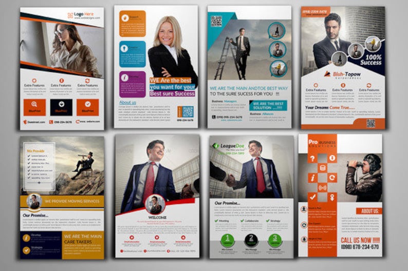May include: A collection of eight business flyer templates with different designs and color schemes. Each flyer features a professional-looking person in a business setting. The flyers include text such as "We are the best you want for your best sure success", "We are the main and toe best way to the sure success for you", "Your dreams come true", "We provide moving services", "Welcome", "Our promise", "Pro business inventory", "Call us now".