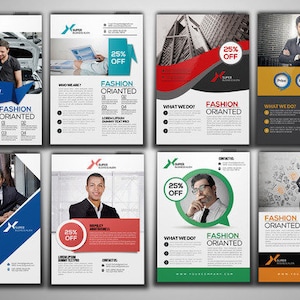 May include: A set of eight flyers with a blue, red, green, and black color scheme. The flyers advertise a fashion-oriented business with the text "Fashion Oriented" and "25% Off".