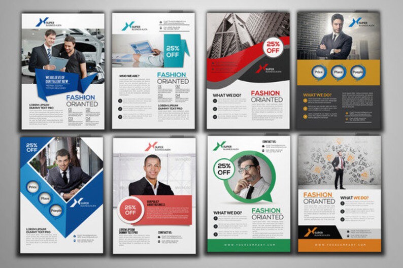 May include: A set of eight flyers with a blue, red, green, and black color scheme. The flyers advertise a fashion-oriented business with the text "Fashion Oriented" and "25% Off".