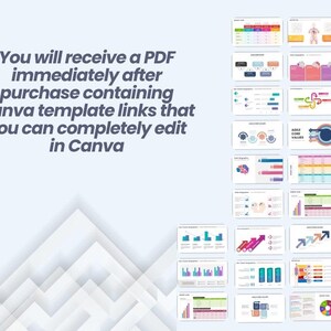May include: A collection of 25 Canva templates for creating presentations, charts, and graphs. The templates feature a variety of colors, including blue, green, pink, and orange. The templates are designed to be used in Canva, a popular online design platform.