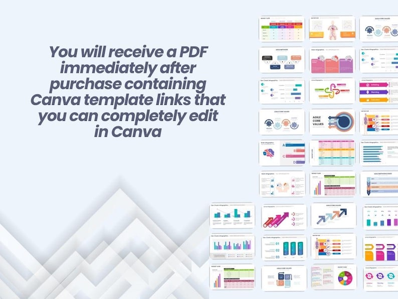 May include: A collection of 25 Canva templates for creating presentations, charts, and graphs. The templates feature a variety of colors, including blue, green, pink, and orange. The templates are designed to be used in Canva, a popular online design platform.