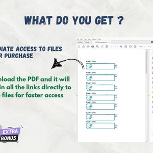 K&ouml;nnte beinhalten: Ein Screenshot eines Computerbildschirms, der ein PDF-Dokument mit Links zu Dateien zeigt. Das Dokument ist in einem Programm ge&ouml;ffnet, mit dem Benutzer PDFs erstellen, bearbeiten und signieren k&ouml;nnen. Der Text "What do you get?" befindet sich oben im Bild. Der Text "Sofortiger Zugriff auf Dateien nach dem Kauf" befindet sich unter dem Text "What do you get?" Der Text "Laden Sie das PDF herunter und es enth&auml;lt alle Links direkt zu den Dateien f&uuml;r einen schnelleren Zugriff" befindet sich unter dem Text "Sofortiger Zugriff auf Dateien nach dem Kauf". Der Text "Extra Bonus" befindet sich in einem Feld mit einem Geschenk-Symbol in der unteren linken Ecke des Bildes.