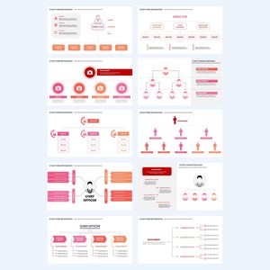 May include: A set of nine organization charts showing different organizational structures. The charts use red, white, and gray colors to represent different levels of management. The charts are labeled with titles such as "Director", "Chief Officer", and "Management".
