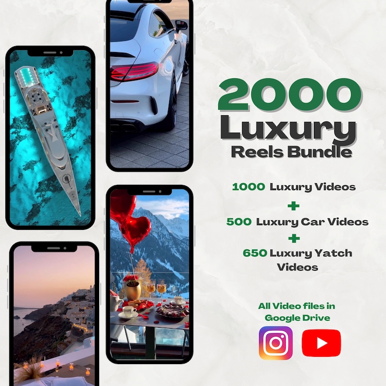 Pu&ograve; includere: Un pacchetto di marketing digitale per i social media con 2000 clip video di lusso. Il pacchetto include 1000 video di lusso, 500 video di auto di lusso e 650 video di yacht di lusso. Tutti i file video sono disponibili su Google Drive.
