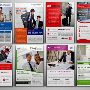 May include: A collection of eight business flyers with different designs and color schemes. Each flyer features a professional image of a person working on a computer or laptop. The flyers advertise various services, including energy solutions, cloud solutions, business registration, and business solutions.