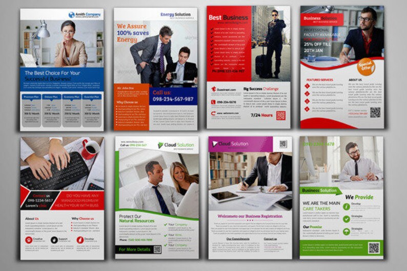 May include: A collection of eight business flyers with different designs and color schemes. Each flyer features a professional image of a person working on a computer or laptop. The flyers advertise various services, including energy solutions, cloud solutions, business registration, and business solutions.