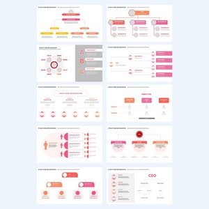 May include: A set of 10 infographic slides showing different organizational structures. Each slide features a different layout and color scheme, with icons representing people and their roles within the organization. The slides are titled "Structure Infographic" and include text labels for each position.