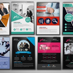 May include: A collection of eight colorful flyers with different designs and text. The flyers feature images of people, buildings, and icons. The text on the flyers includes "25% Off", "100% Real", "Celebricon", "Pop-Up and Promote with Khoode", "Contact Us", "Lorem Ipsum Dummy Text Pro", and "Super Business Solution".