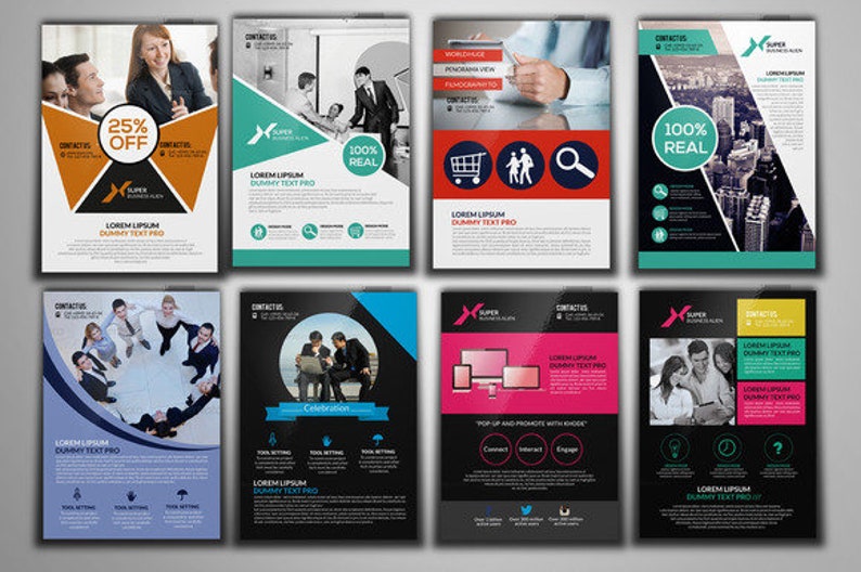 May include: A collection of eight colorful flyers with different designs and text. The flyers feature images of people, buildings, and icons. The text on the flyers includes "25% Off", "100% Real", "Celebricon", "Pop-Up and Promote with Khoode", "Contact Us", "Lorem Ipsum Dummy Text Pro", and "Super Business Solution".