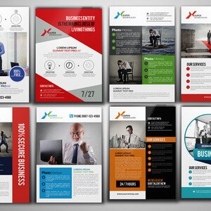 May include: Six different business flyers with a red, white, and black color scheme. The flyers feature a variety of images, including people in business attire, a red carpet, and a light bulb. The text on the flyers includes the words "Super Business Guide", "Business Entity", "100% Secure Business", "Business Deal", "Our Services", and "Contact Info".