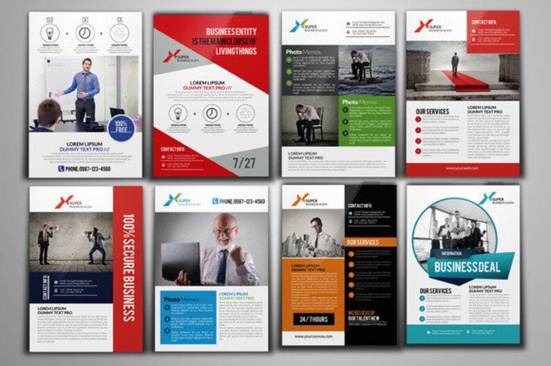 May include: Six different business flyers with a red, white, and black color scheme. The flyers feature a variety of images, including people in business attire, a red carpet, and a light bulb. The text on the flyers includes the words "Super Business Guide", "Business Entity", "100% Secure Business", "Business Deal", "Our Services", and "Contact Info".