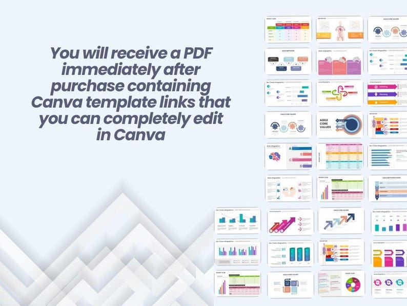 May include: A collection of 24 Canva templates for creating presentations, charts, and graphs. The templates feature a variety of colors, including blue, green, pink, and orange. The templates are designed to be used in Canva, a popular online design platform.