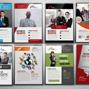 May include: Six different business flyer templates with various designs. The flyers feature a red, white, and blue color scheme with text that reads "Business Success is in Your Hands Now." and "Business Oriantated".