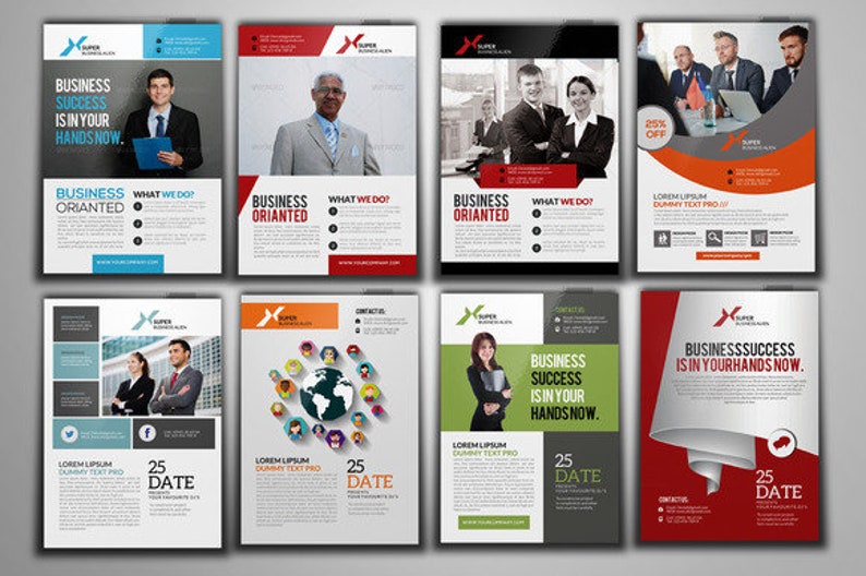 May include: Six different business flyer templates with various designs. The flyers feature a red, white, and blue color scheme with text that reads "Business Success is in Your Hands Now." and "Business Oriantated".