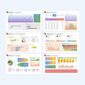 May include: A collection of six data dashboards with charts, graphs, and numerical data. The dashboards display information on activities, revenue, sales cycle length, and retail store performance. The color scheme includes blue, green, orange, and purple.