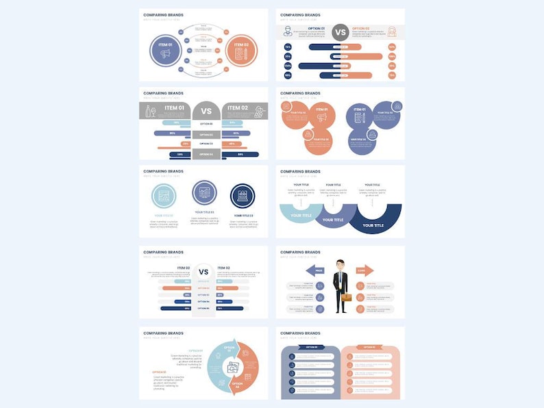 May include: A set of 8 slides comparing brands with different chart styles. The charts use blue, gray, and orange colors. The charts include text, icons, and bar graphs. The slides are titled "Comparing Brands".