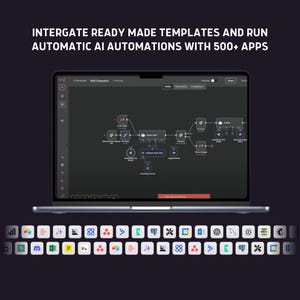 Puede incluir: Un port&aacute;til que muestra un diagrama de flujo de trabajo con el texto "INTERGATE READY MADE TEMPLATES AND RUN AUTOMATIC AI AUTOMATIONS WITH 500+ APPS." El teclado presenta varios iconos de aplicaciones.