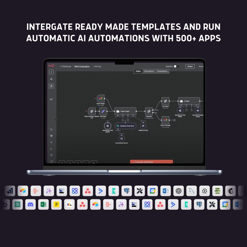 Puede incluir: Un port&aacute;til que muestra un diagrama de flujo de trabajo con el texto "INTERGATE READY MADE TEMPLATES AND RUN AUTOMATIC AI AUTOMATIONS WITH 500+ APPS." El teclado presenta varios iconos de aplicaciones.
