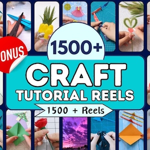 May include: A collage of images showcasing 1500+ craft tutorial reels. The images feature various crafts, including origami, paper flowers, and other paper crafts. The text "1500+ Craft Tutorial Reels" is displayed in large, bold letters on a blue background.