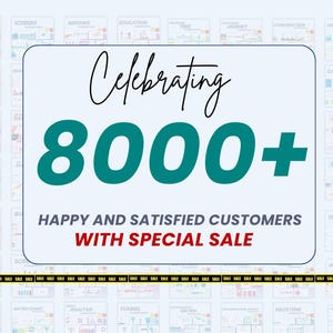 K&ouml;nnte beinhalten: Eine t&uuml;rkisblaue und wei&szlig;e Grafik mit dem Text "Celebrating 8000+ Happy and Satisfied Customers with Special Sale". Die Grafik ist von einem Raster aus bunten Diagrammen und Grafiken umgeben.