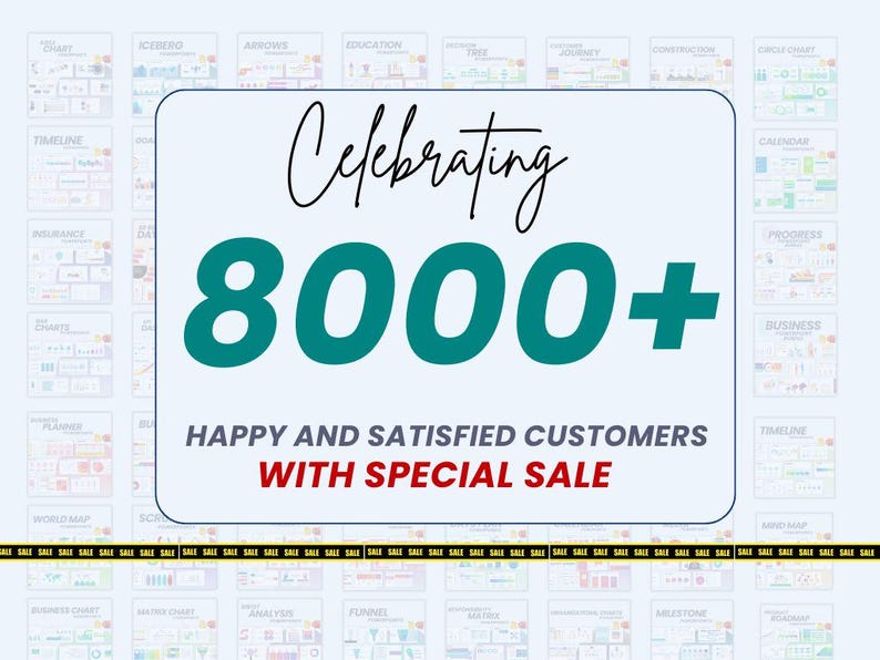 K&ouml;nnte beinhalten: Eine t&uuml;rkisblaue und wei&szlig;e Grafik mit dem Text "Celebrating 8000+ Happy and Satisfied Customers with Special Sale". Die Grafik ist von einem Raster aus bunten Diagrammen und Grafiken umgeben.
