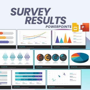May include: A selection of PowerPoint presentation slides displaying the text "SURVEY RESULTS POWERPOINTS." The slides showcase diverse charts, graphs, and diagrams in blue, orange, and green, illustrating data and survey results.