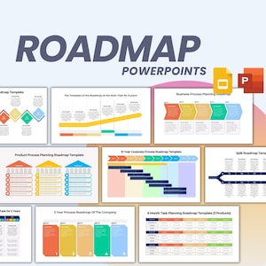 以下が含まれることがあります： 大きな太字の濃い青色の文字で「ROADMAP」という単語が表示されたPowerPointテンプレートのコレクション。テンプレートは、オレンジ、黄色、青、緑のカラーパレットを使用して、タイムラインやチャートを含むさまざまなプロセス計画レイアウトを特徴としています。