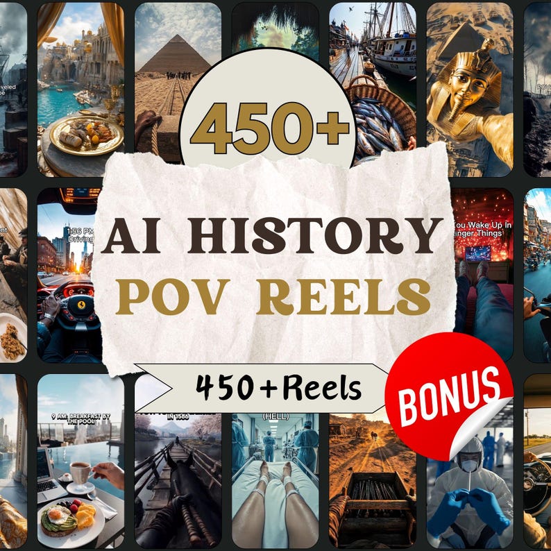 May include: A collage of images with the text "AI HISTORY POV REELS" and "450+ Reels". A red sticker with the word "BONUS" is in the bottom right corner. The images depict various historical and modern scenes.