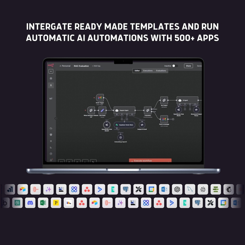 May include: A laptop displaying a workflow diagram with the text "INTERGATE READY MADE TEMPLATES AND RUN AUTOMATIC AI AUTOMATIONS WITH 500+ APPS." The laptop is open, showing a complex network of interconnected nodes and lines. Below the laptop are various app icons.