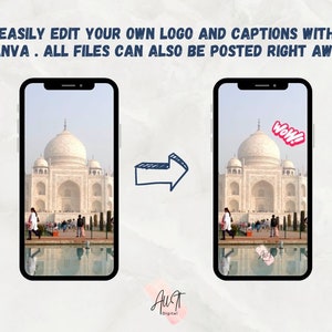 May include: A smartphone screen displaying a photo of the Taj Mahal with a sticker that says "WoW!" on it. The photo is taken from a distance, showing the entire building. The phone is on a white background.