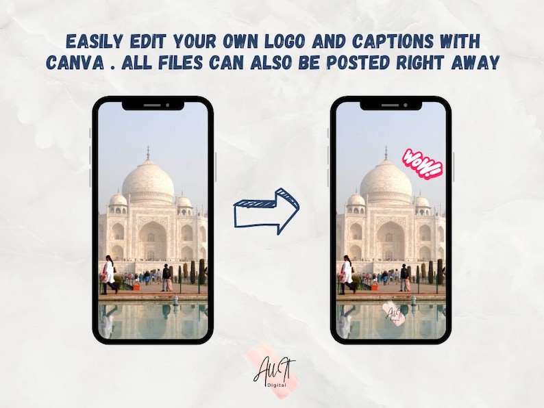 May include: A smartphone screen displaying a photo of the Taj Mahal with a sticker that says "WoW!" on it. The photo is taken from a distance, showing the entire building. The phone is on a white background.