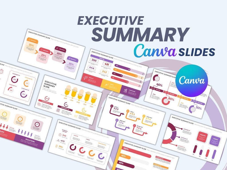 May include: A set of colorful Canva slides with the title "Executive Summary" and the Canva logo. The slides feature various charts and graphs, including pie charts, bar graphs, and line graphs. The slides are designed to be used for business presentations.