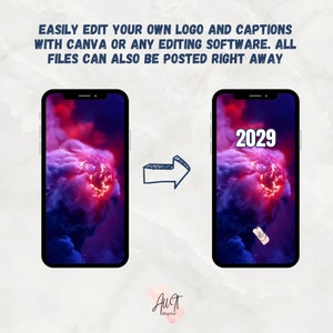K&ouml;nnte beinhalten: Eine digitale Illustration eines Telefonbildschirms mit einem feurigen rot-violetten Nebelhintergrund. Das Jahr 2029 ist in wei&szlig;er Schrift auf dem Bildschirm geschrieben. Das Bild zeigt, wie man sein eigenes Logo und seine Bildunterschriften mit Canva oder einer anderen Bearbeitungssoftware einfach bearbeiten kann.